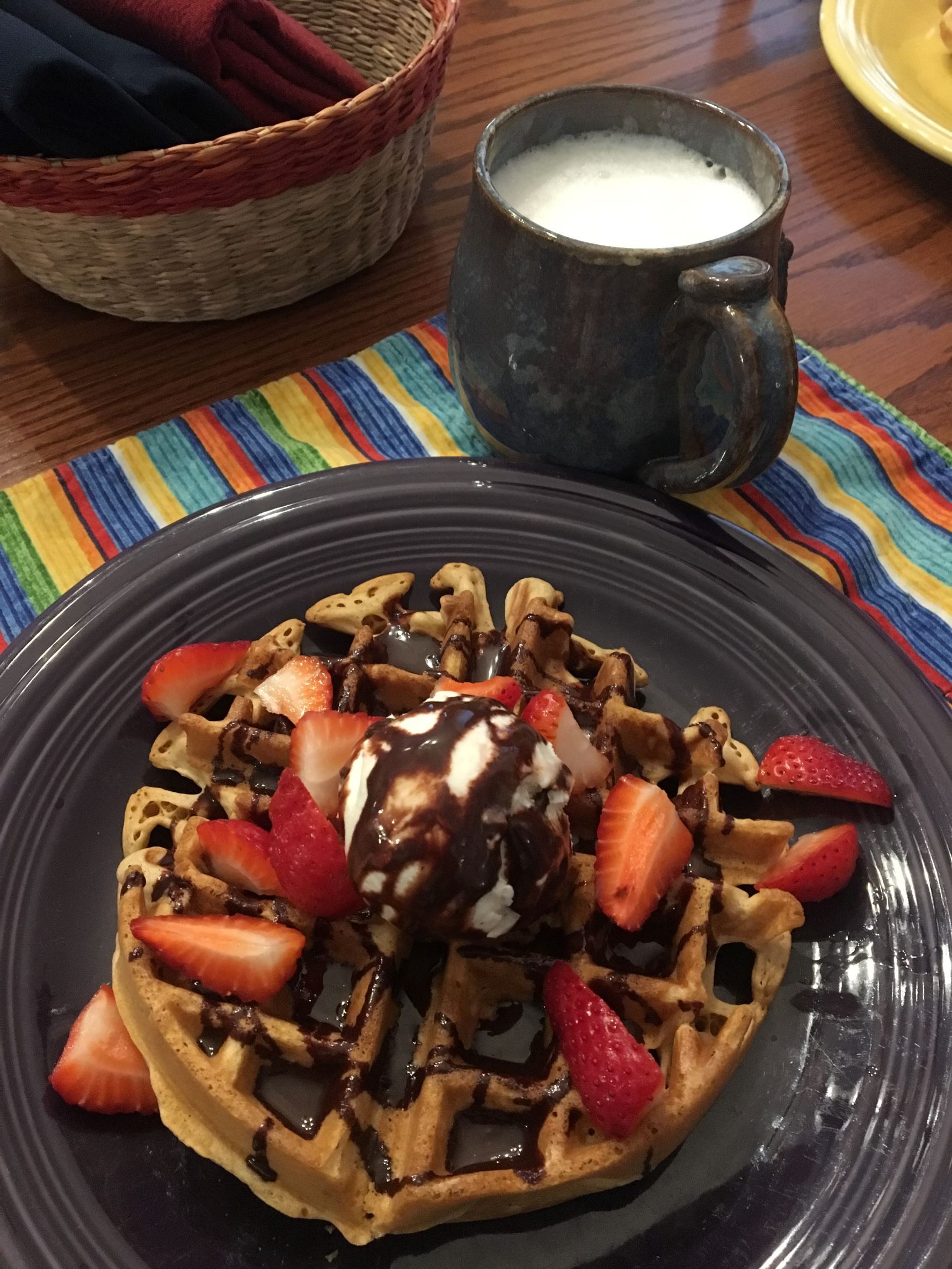 Waffles with homemade chocolate sauce 